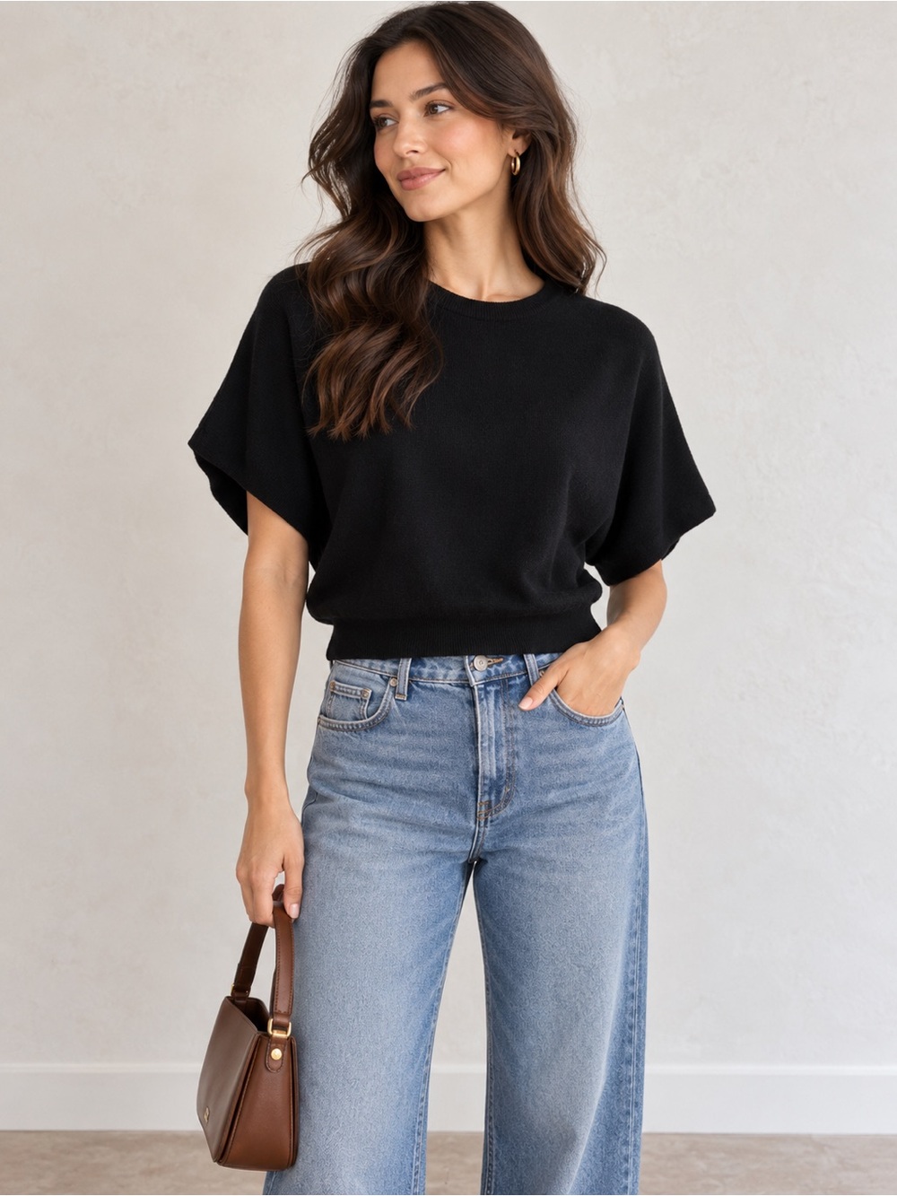 Quince Black Cotton Cashmere Sweater Top Small Short Sleeve Ribbed Pullover